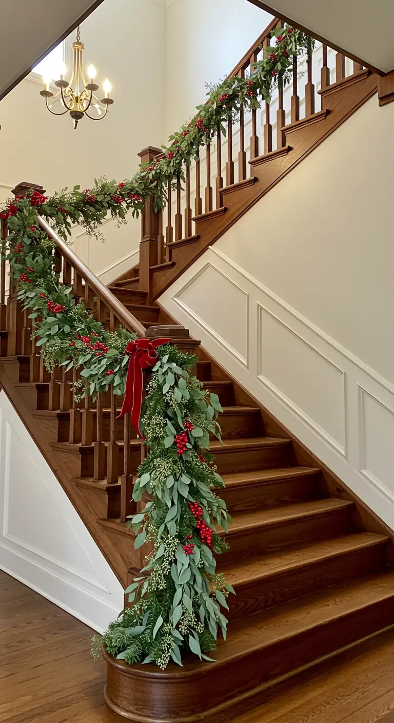 Escalera de madera con una frondosa guirnalda de eucalipto y bayas rojas.