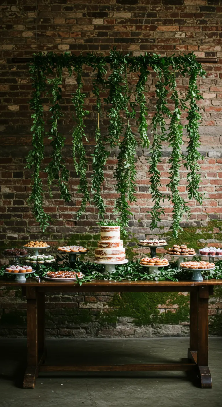 Mesa de postres con un pastel de bodas frente a una pared de ladrillo con guirnaldas colgantes.