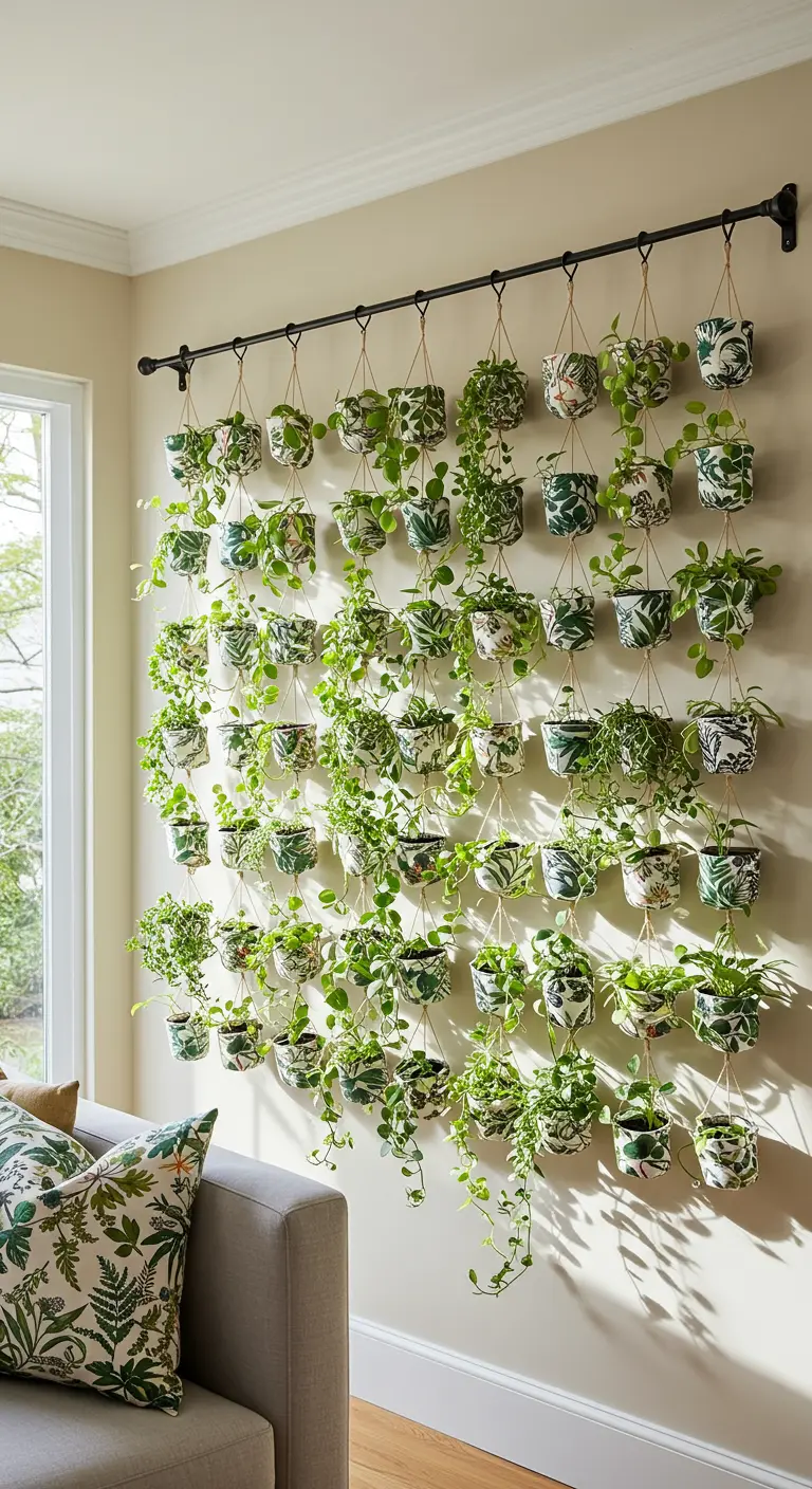Pared cubierta por una cortina de pequeñas plantas colgando de una barra de metal negra