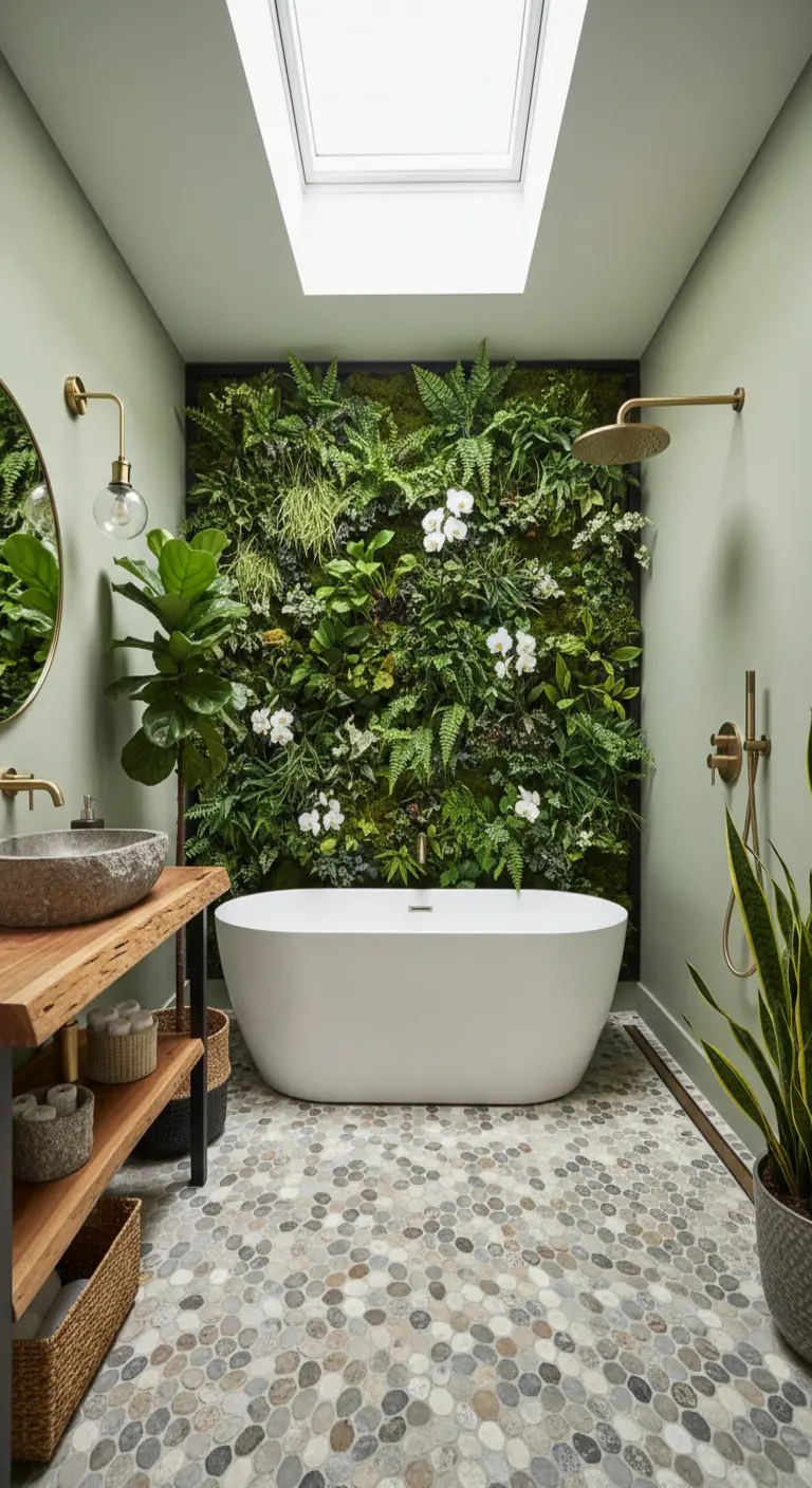 Baño con una pared de jardín vertical detrás de la bañera y suelo de cantos rodados