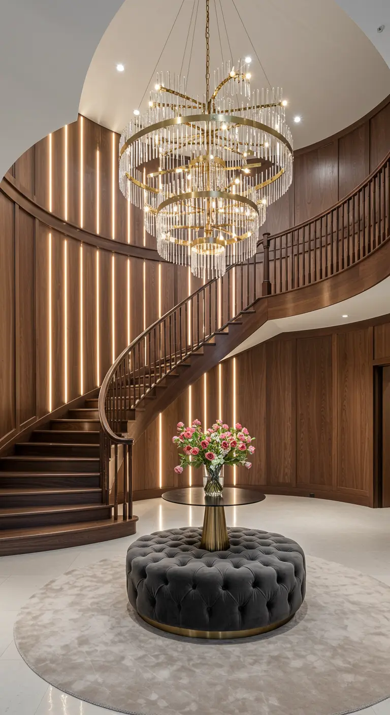 Gran recibidor con escalera curva, paneles de madera oscura con luces LED y una lámpara de araña