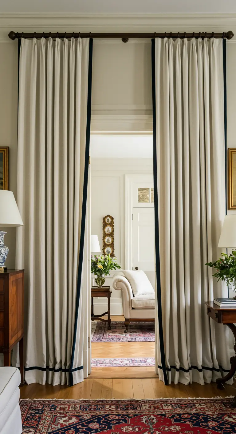 Cortinas color crema con ribete oscuro enmarcando la entrada a otra habitación.