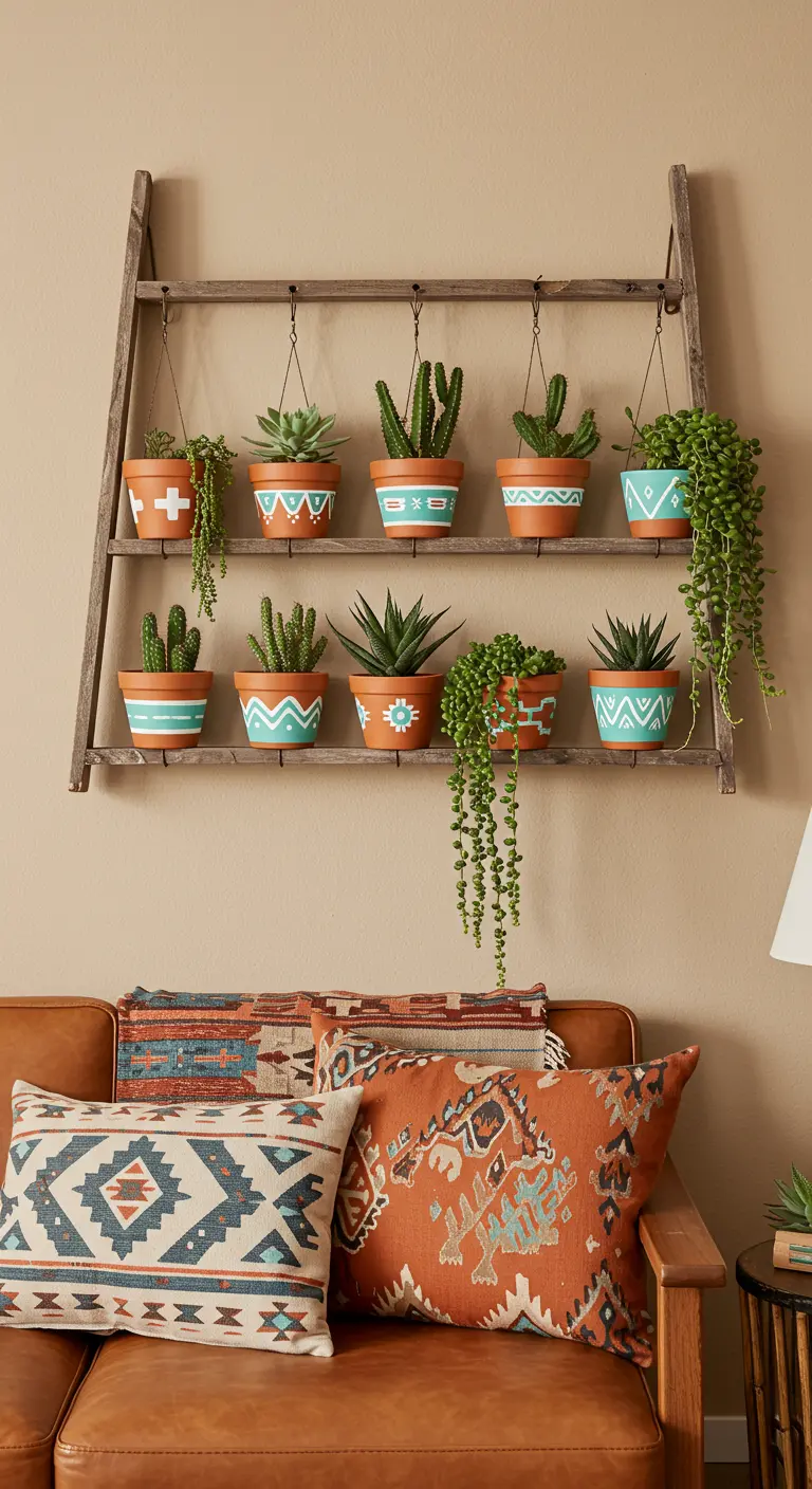 Una vieja escalera de madera apoyada en la pared y utilizada como estantería para macetas pintadas a mano