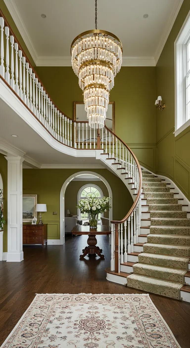 Gran entrada con escalera curva, paredes verde olivo y un gran candelabro.