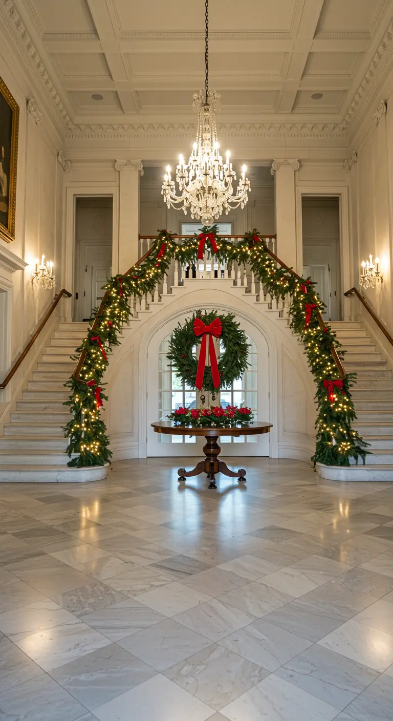 Gran escalera de mármol blanco decorada con guirnaldas de pino, luces y lazos rojos.