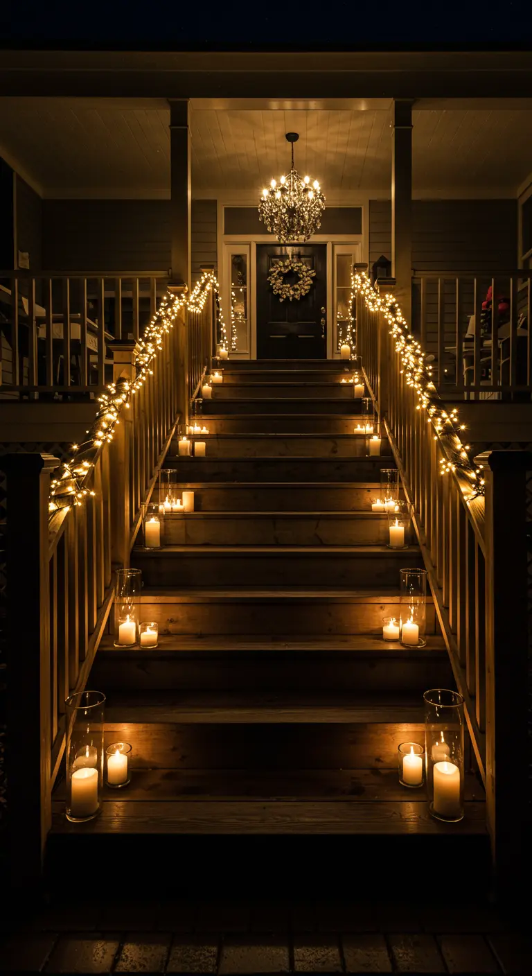 Una gran escalera de porche con barandillas envueltas en luces y velas en cada escalón.