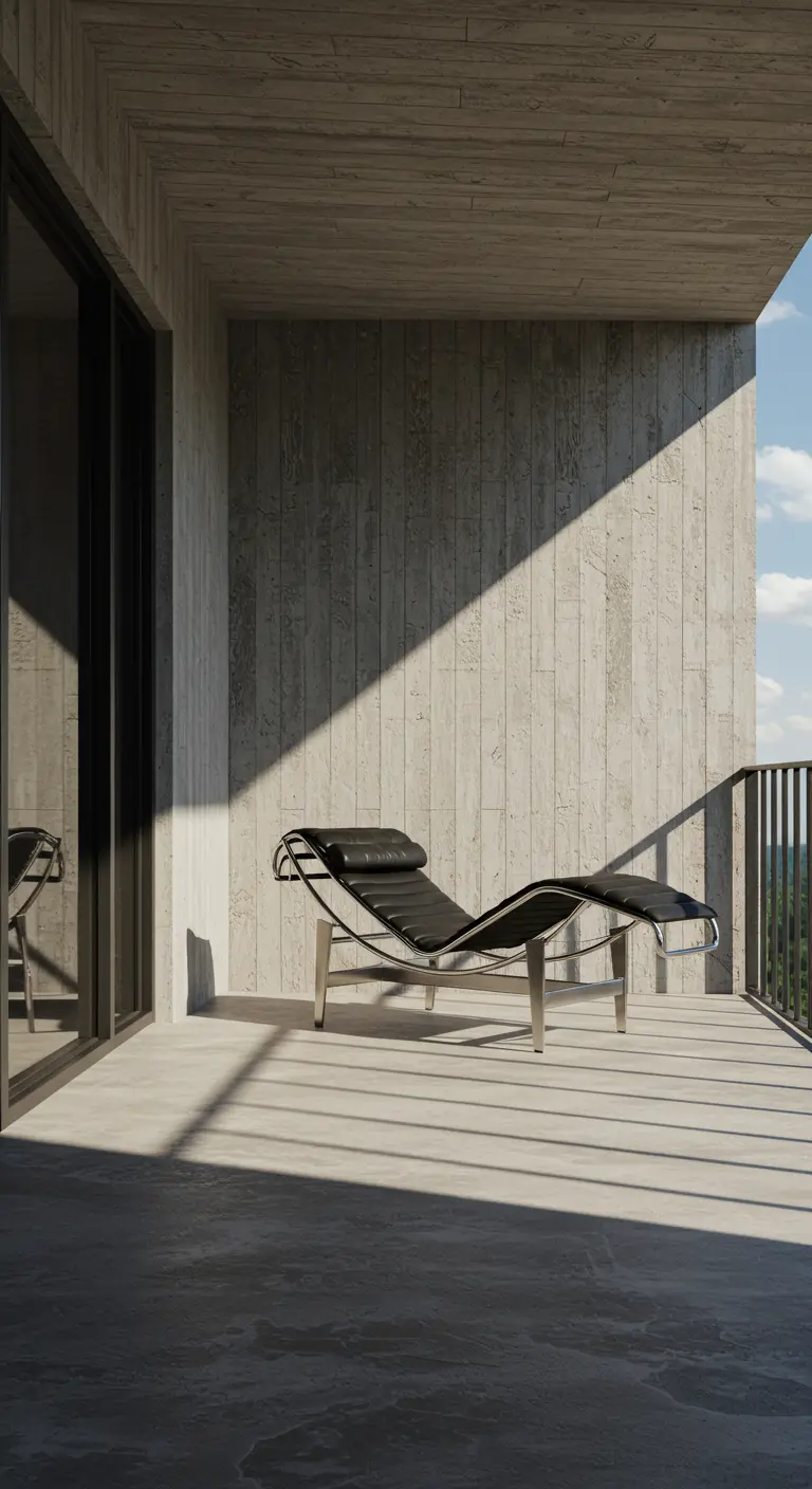 Tumbona de diseño de cuero negro y acero sobre un suelo de cemento en un balcón moderno