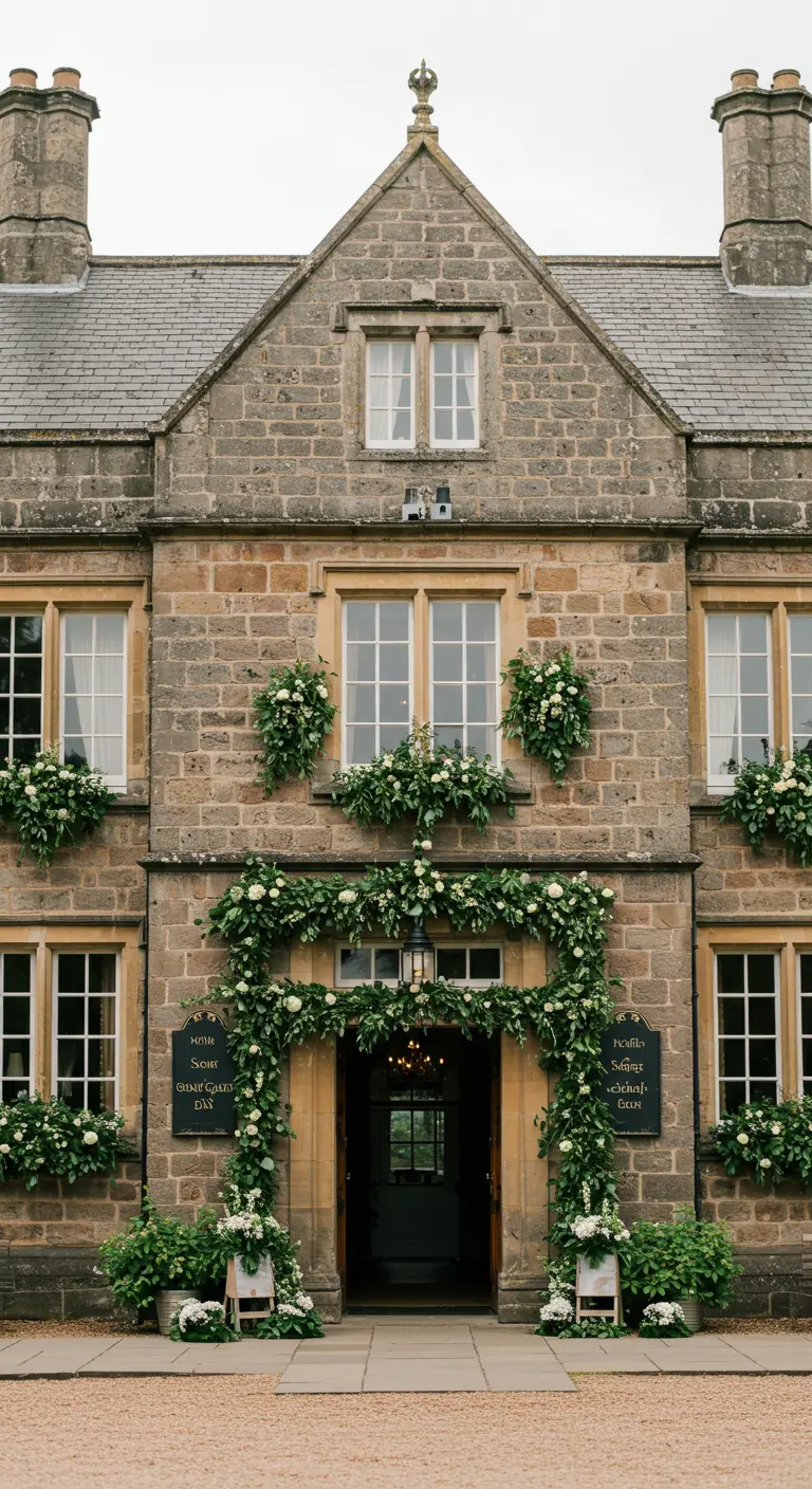Fachada de una casa de piedra con la puerta y las ventanas decoradas con guirnaldas y flores.