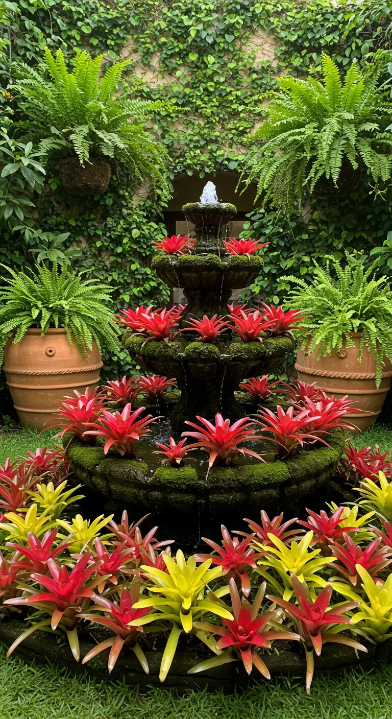 Fuente de piedra de tres niveles cubierta de musgo y bromelias rojas y amarillas, flanqueada por helechos.