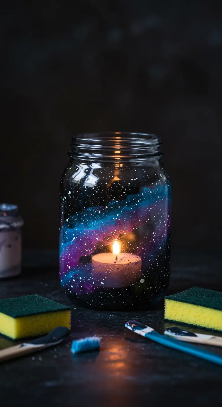 Tarro de cristal pintado para simular una galaxia en tonos azules y morados con estrellas blancas.