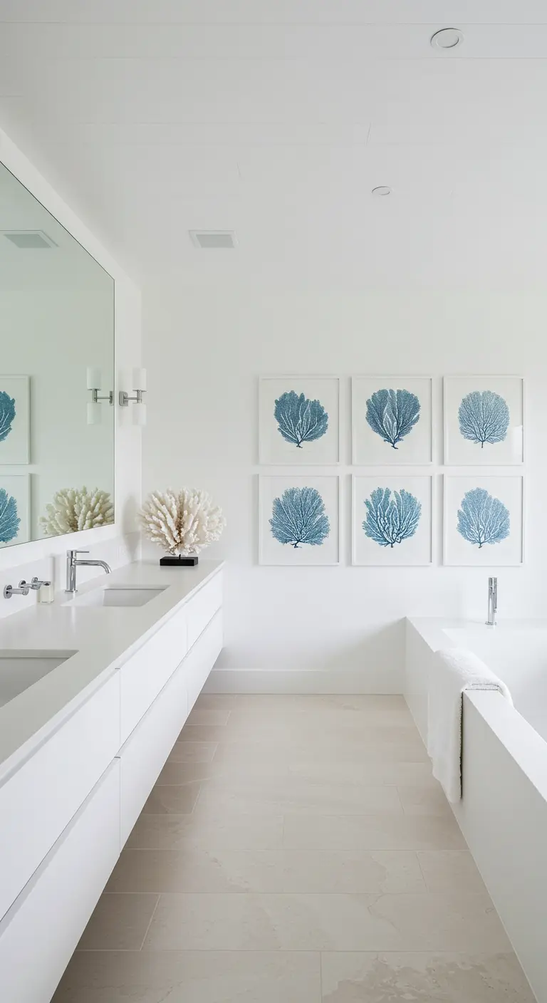 Pared de baño blanca decorada con una composición simétrica de seis cuadros de corales azules