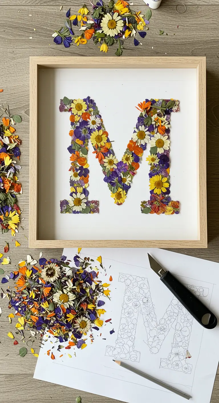 Letra 'M' creada con un mosaico de flores prensadas de múltiples colores en un marco de caja.