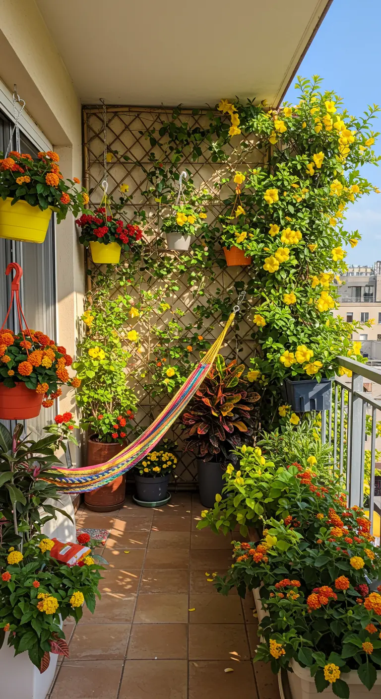 Balcón pequeño y exuberante lleno de plantas con flores amarillas, una celosía y una hamaca de colores.