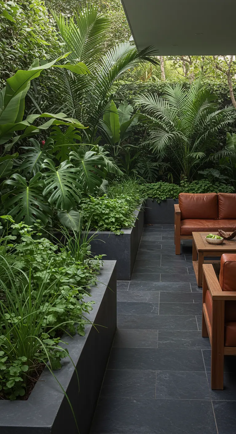 Patio moderno con jardineras de pizarra oscura llenas de hierbas y rodeadas de vegetación tropical.