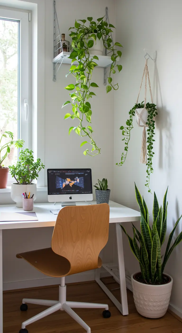 Rincón de trabajo luminoso y lleno de plantas de interior de diferentes tamaños y tipos.