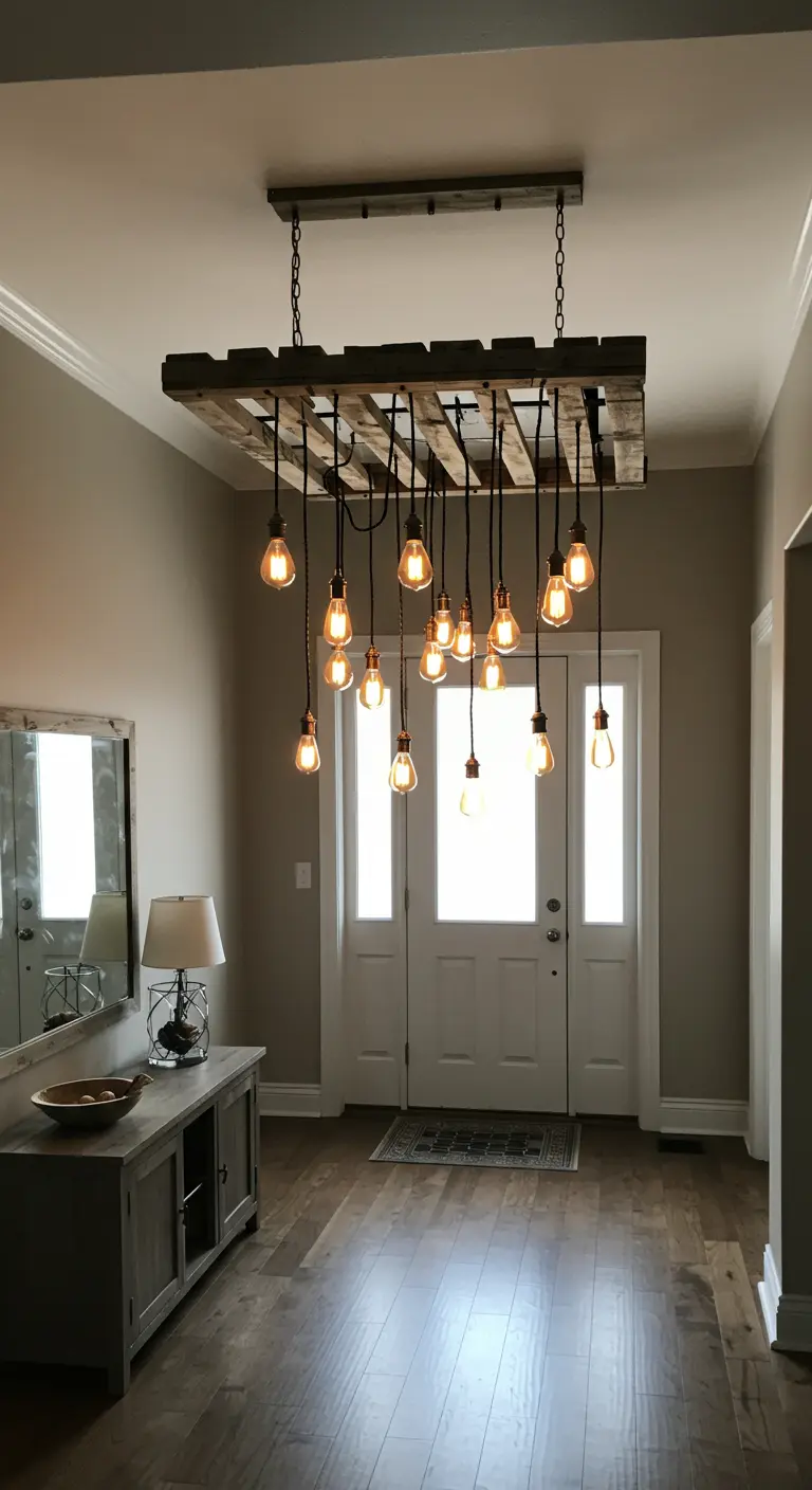 Lámpara de techo industrial hecha con un palet de madera y múltiples bombillas Edison colgando.