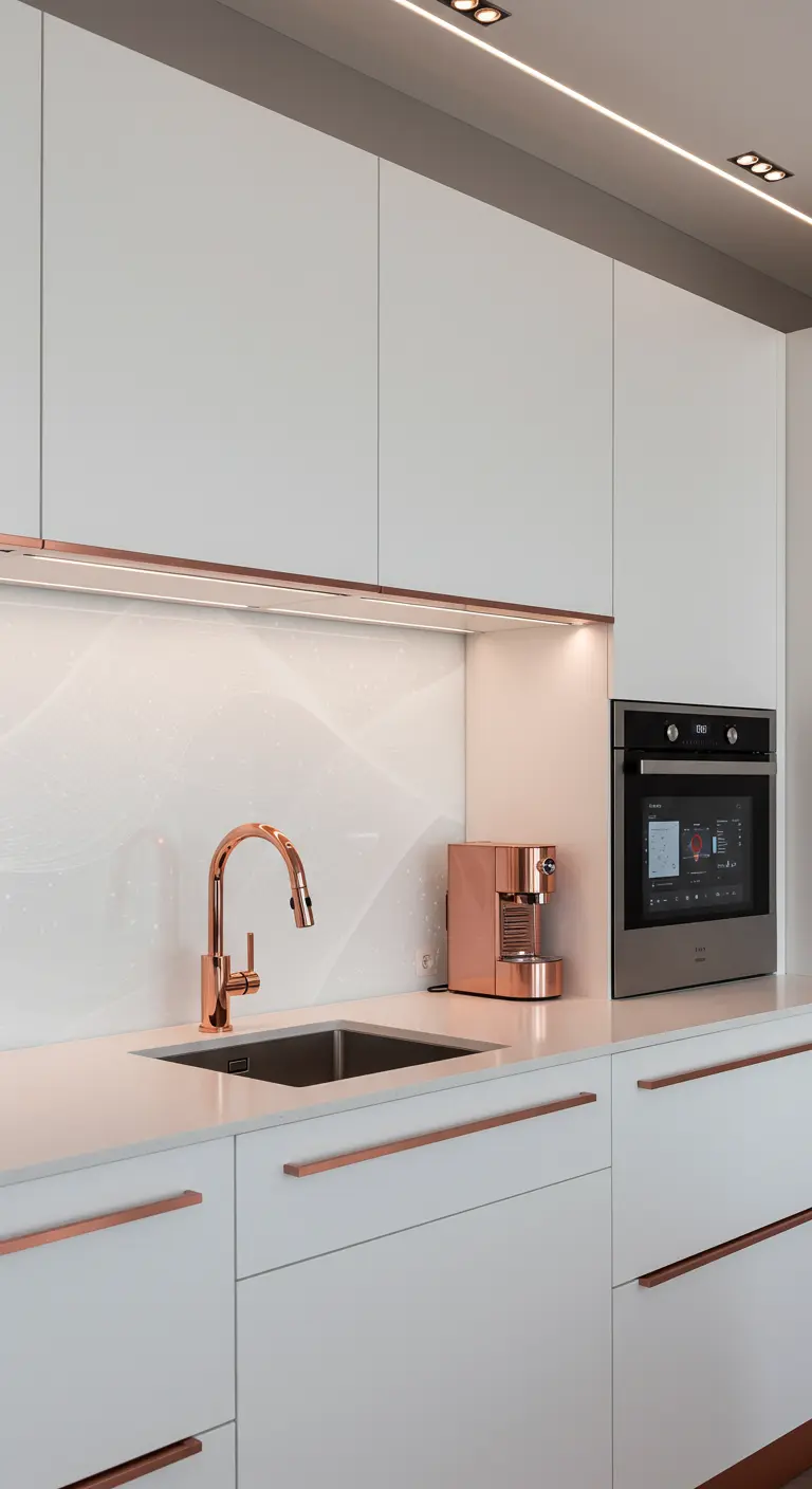 Cocina blanca moderna con una tira de luz led en un perfil de cobre bajo los armarios