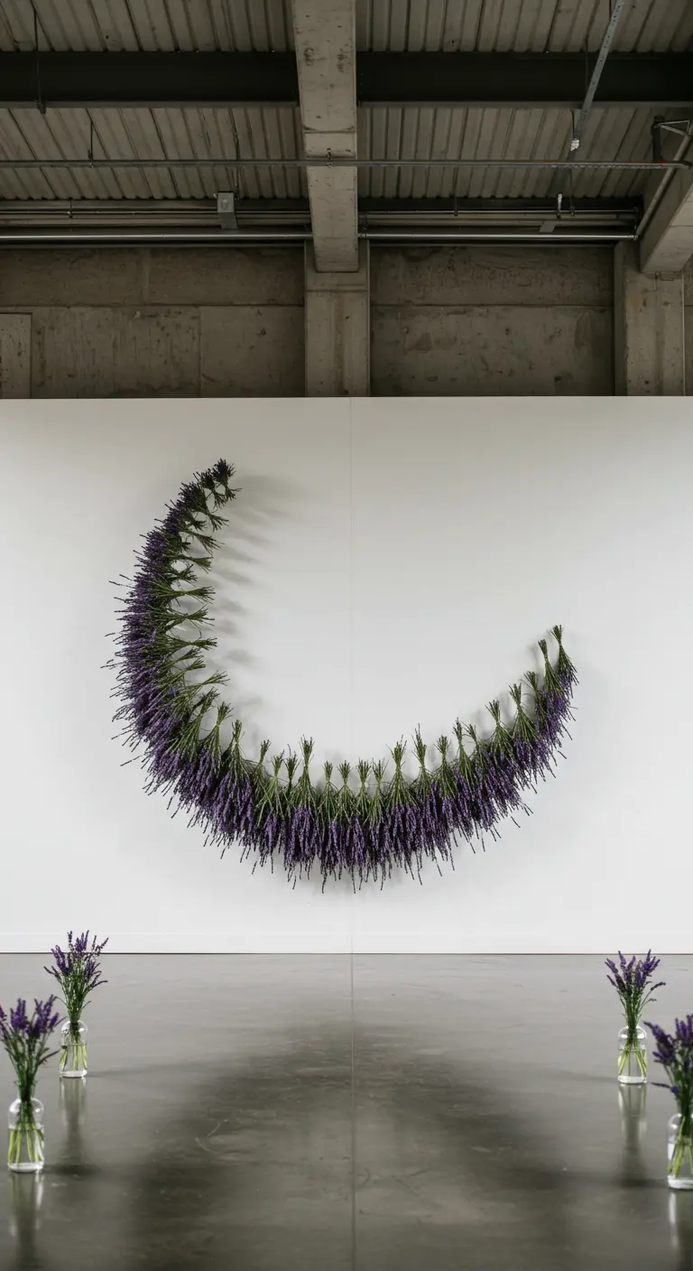 Instalación artística en forma de luna creciente hecha con ramos de lavanda en una pared blanca.
