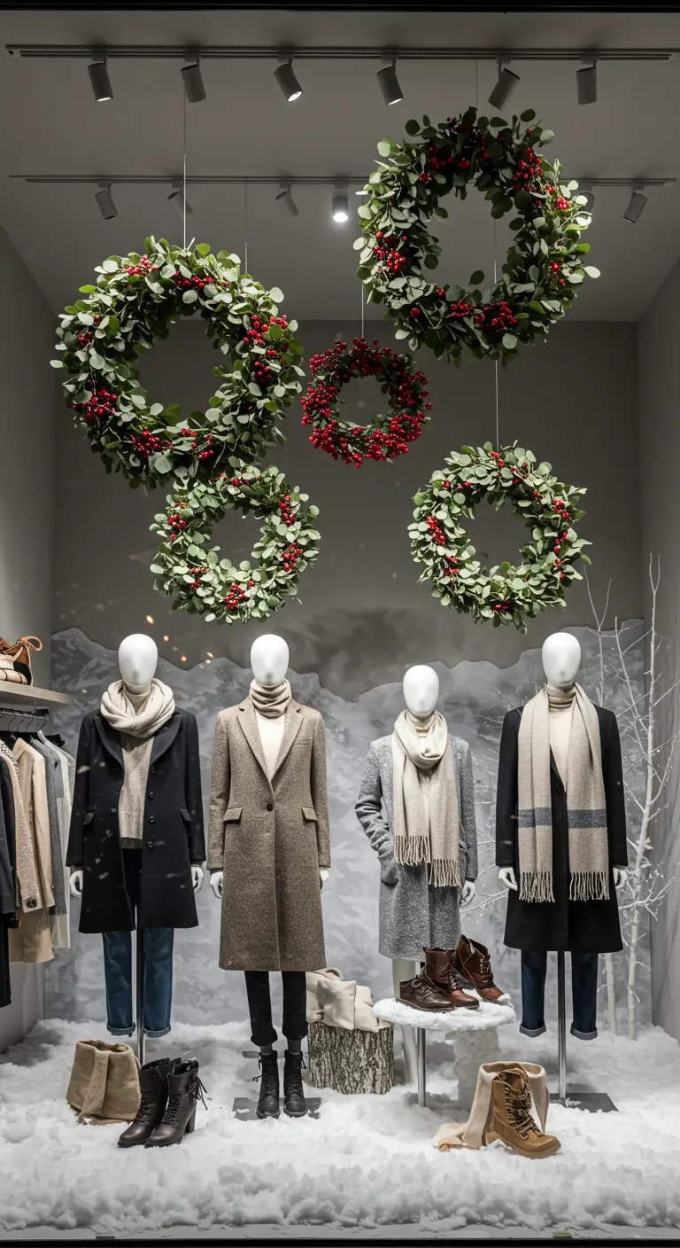 Varias coronas de eucalipto de diferentes tamaños colgando del techo en un escaparate.