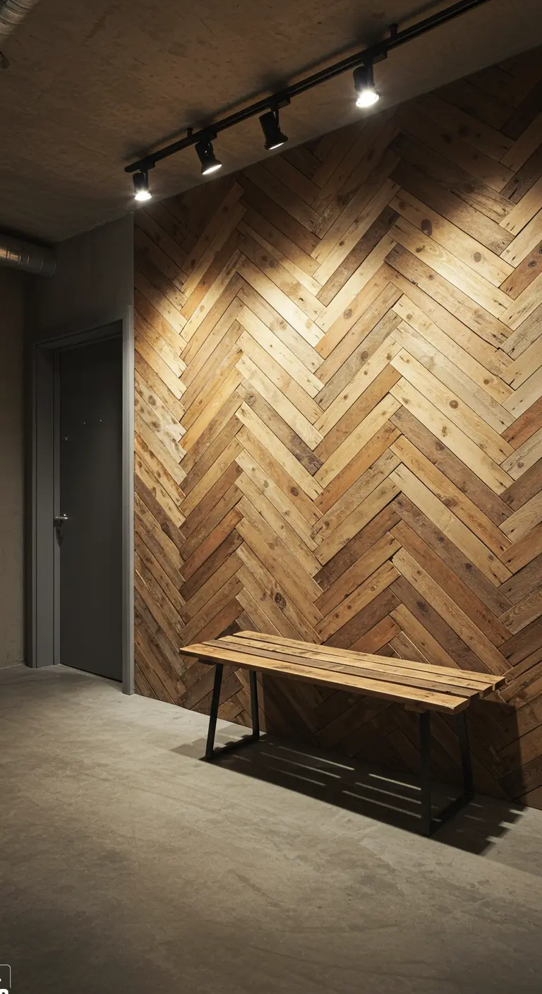 Pared de entrada revestida con lamas de palet en patrón de espiga, con un banco de madera.