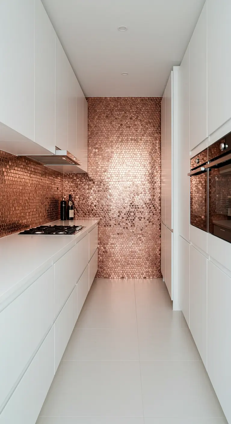Cocina blanca y estrecha con una pared de acento cubierta de mosaico de cobre