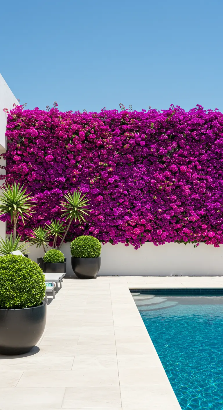 Pared completamente cubierta por una densa floración de buganvillas fucsias junto a una piscina.