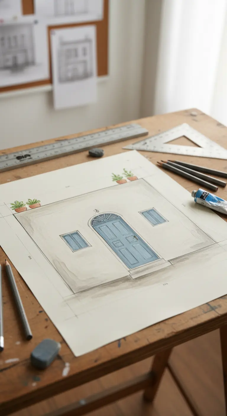 Boceto arquitectónico de una fachada con puerta azul pintado con acuarela.