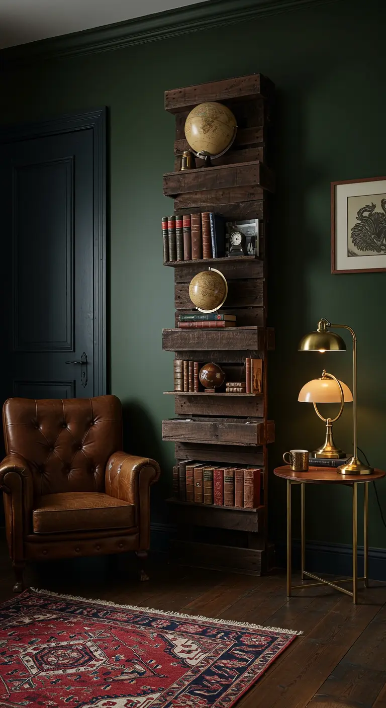 Estantería alta y estrecha hecha con secciones de palets para libros y globos terráqueos.