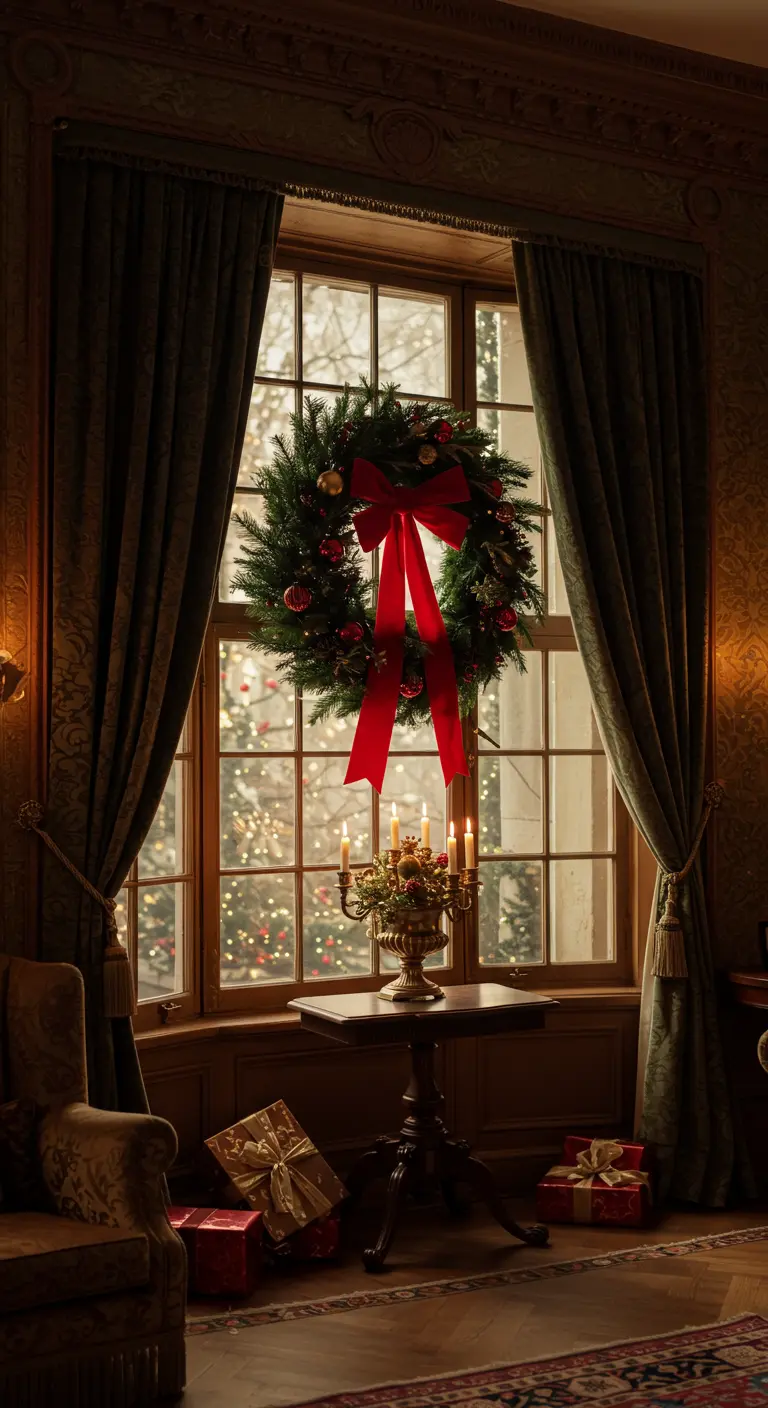 Corona de pino con lazo rojo colgando en una gran ventana, vista desde el interior de una sala.