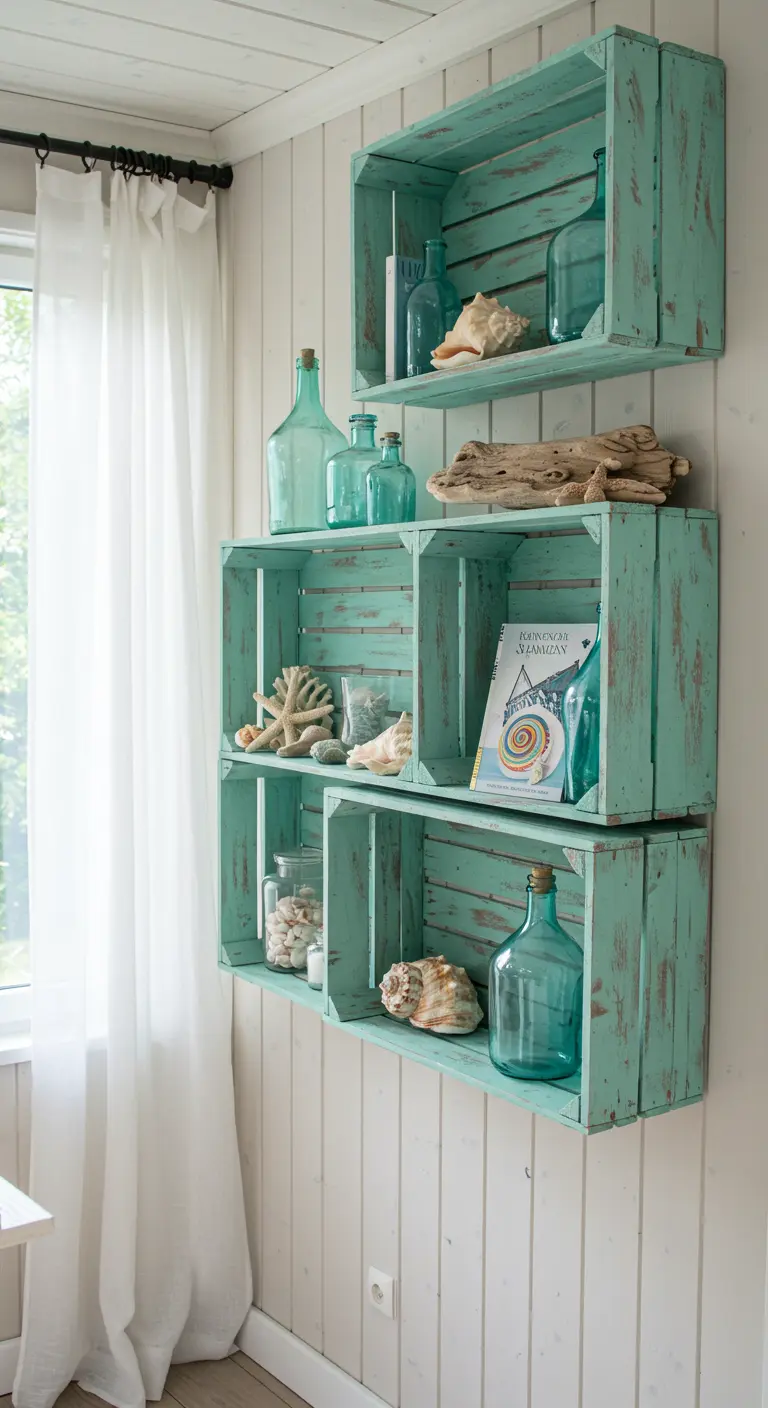 Estanterías de cajas de madera pintadas de verde menta con decoración de temática marina.