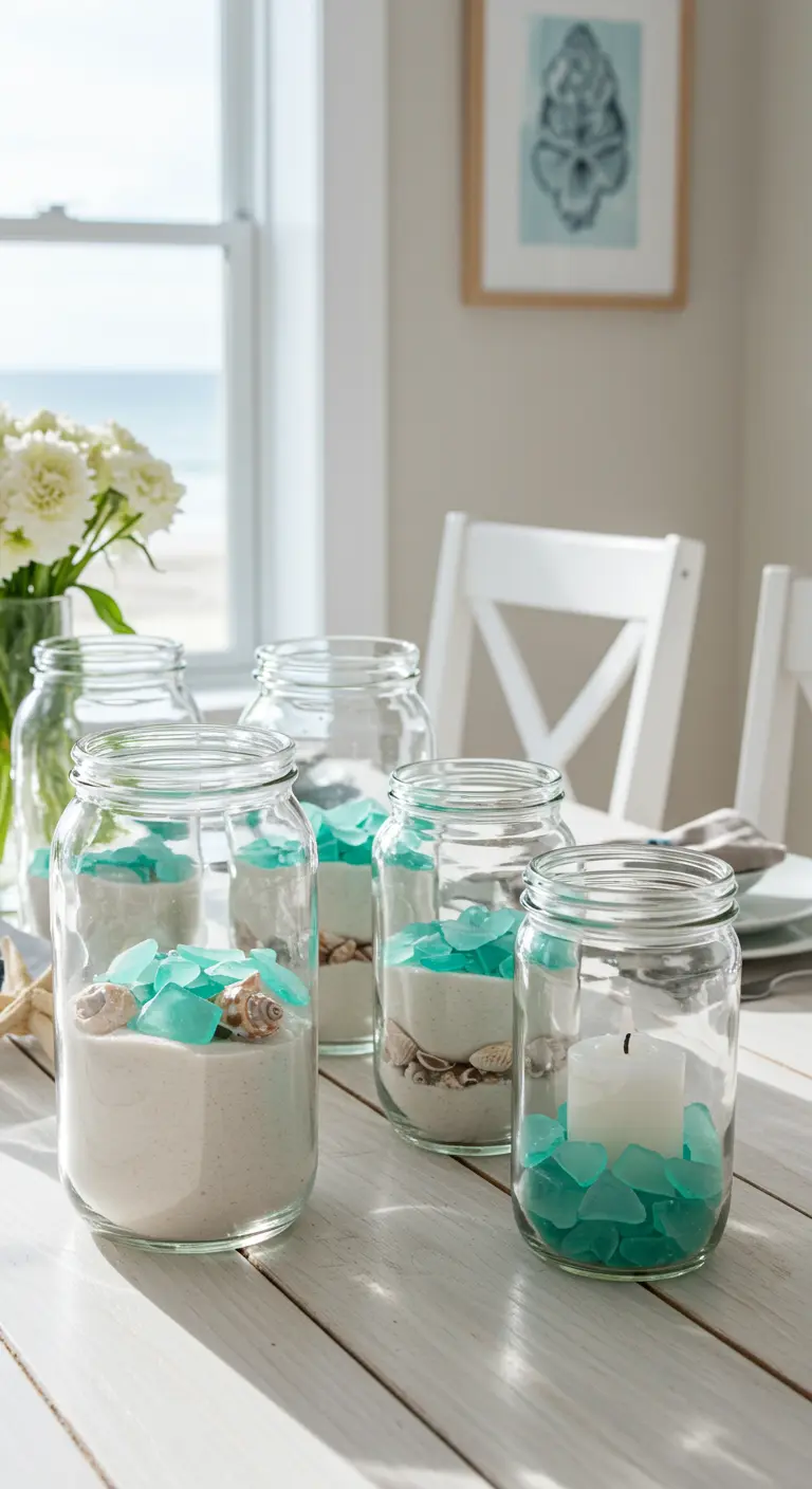 Centros de mesa con frascos de vidrio rellenos de arena, conchas y cristales de mar turquesa.