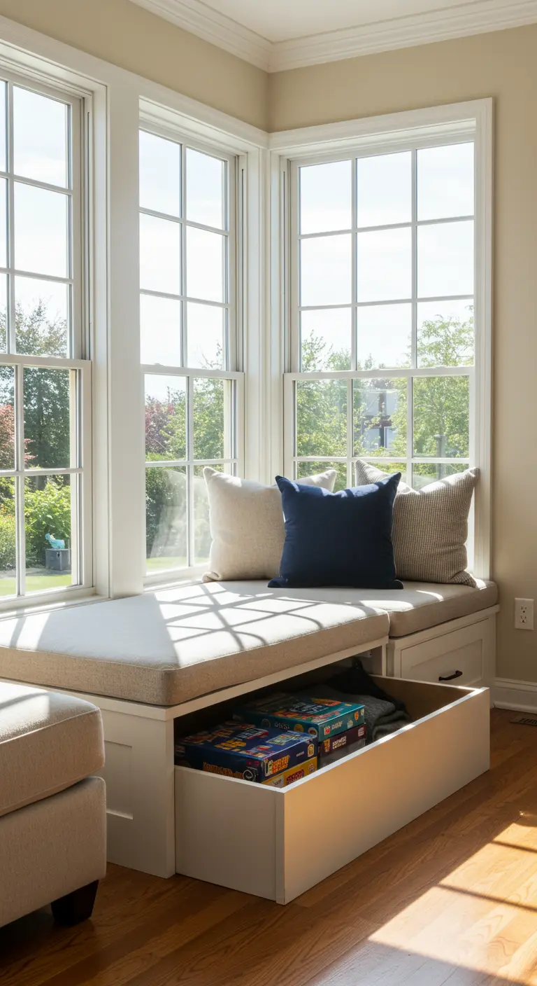 Asiento de ventana blanco con un gran cajón abierto lleno de juegos de mesa.