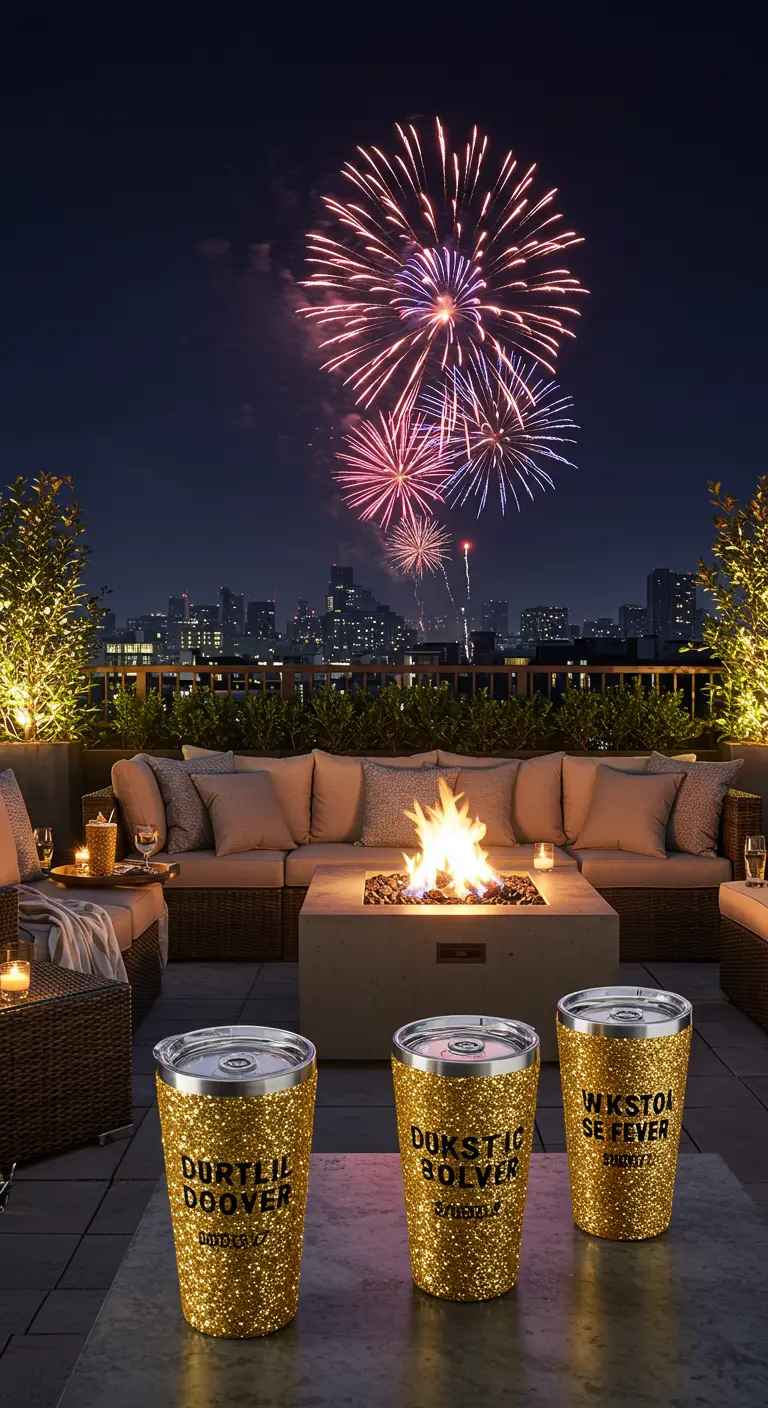 Tres vasos térmicos dorados con purpurina frente a una hoguera en una azotea con fuegos artificiales.