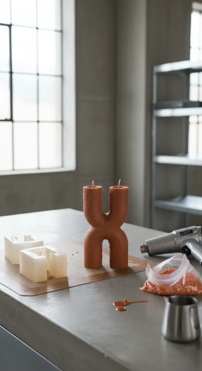 Vela casera con forma de U de doble mecha en color terracota sobre una mesa de trabajo