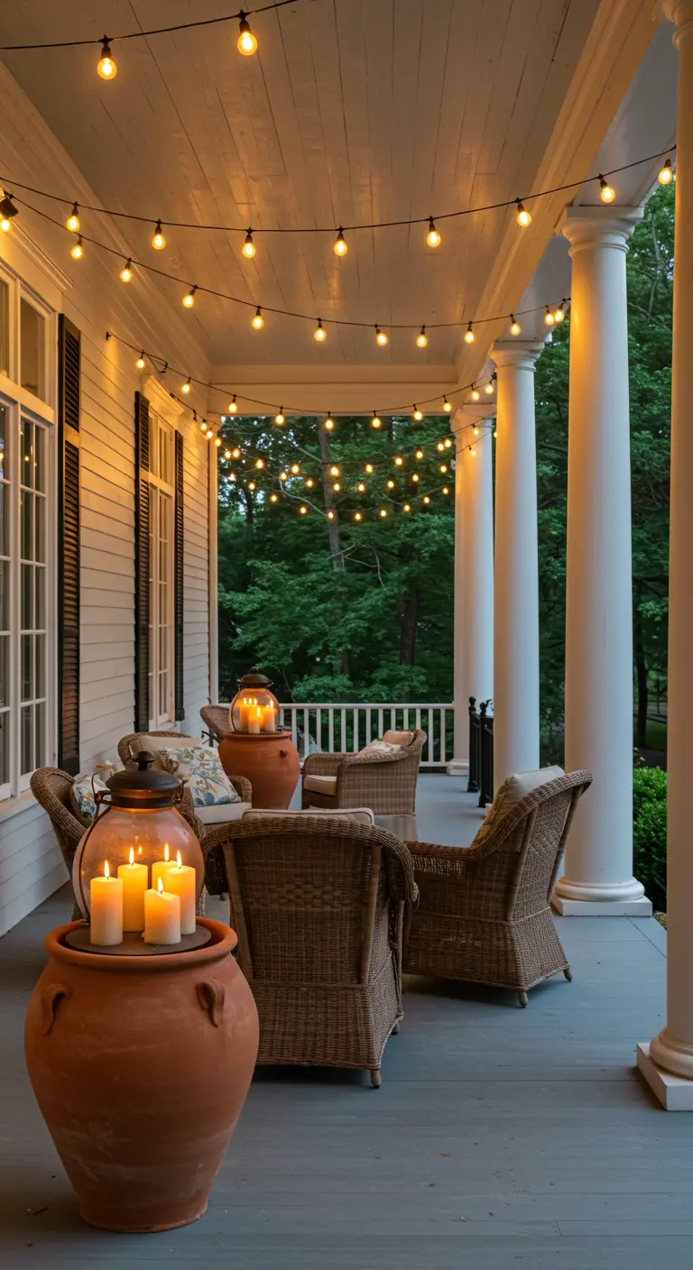 Porche con muebles de mimbre y grandes macetas de terracota usadas como portavelas.