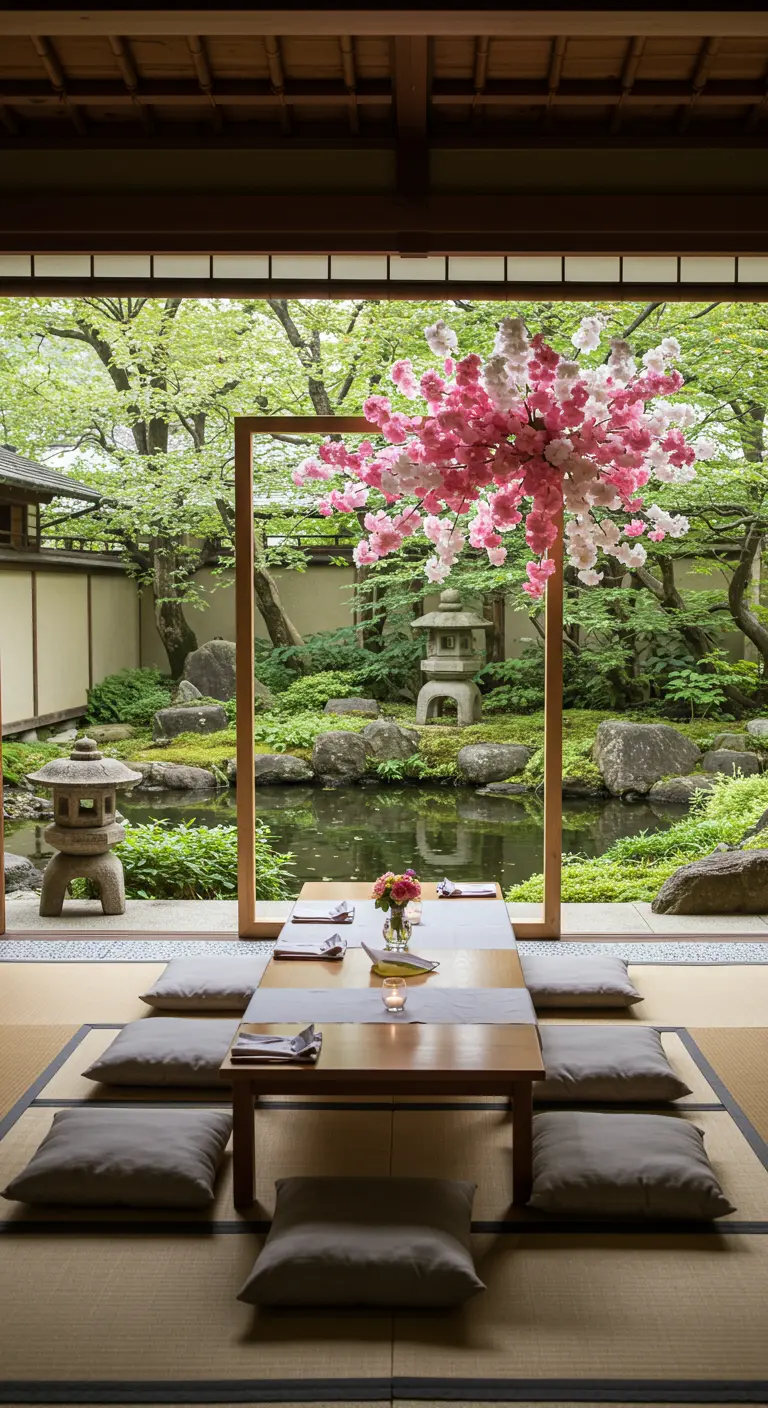 Mesa baja japonesa frente a un gran marco de madera que encuadra un jardín zen con estanque.