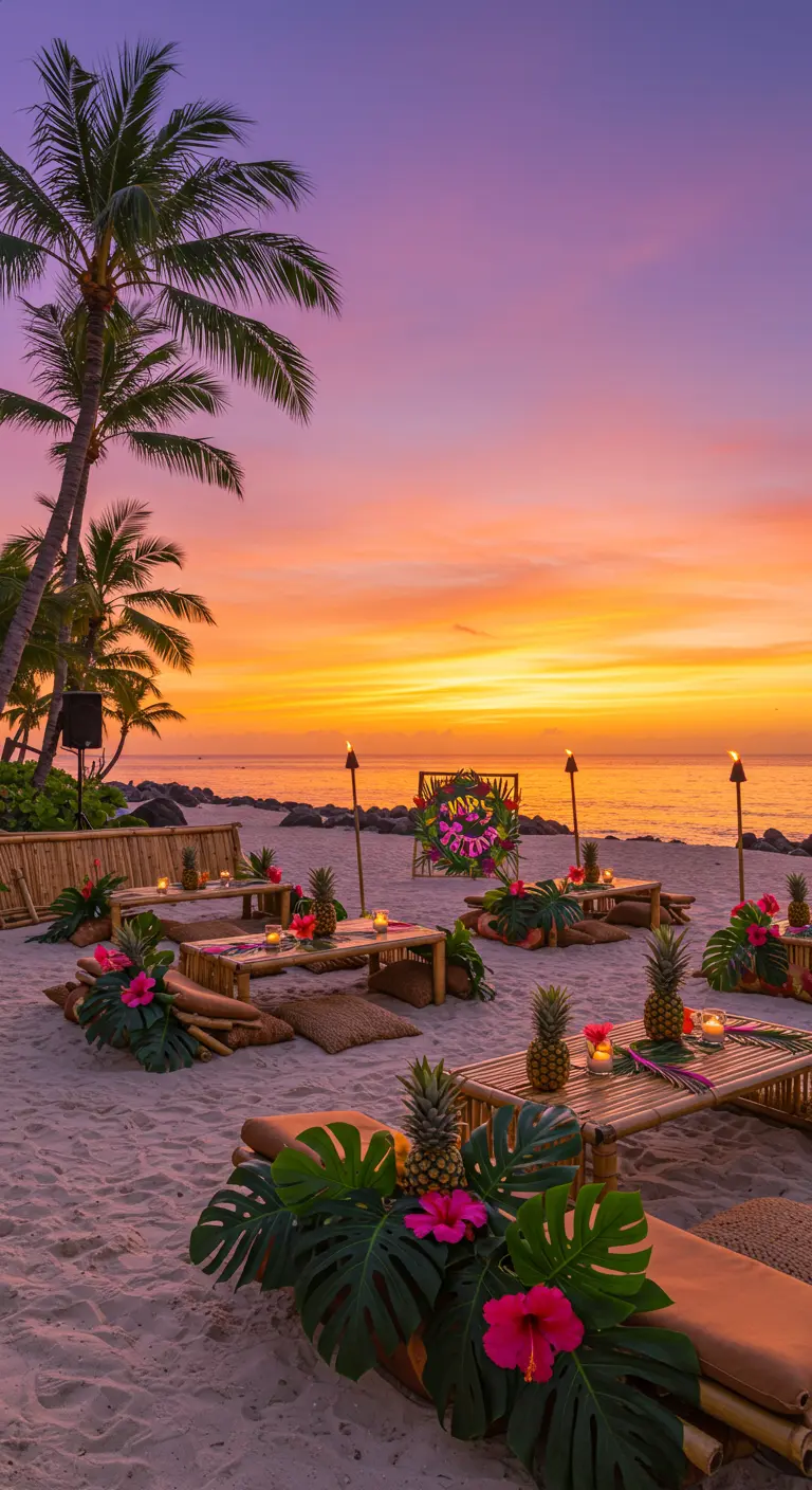 Fiesta hawaiana en la playa al atardecer con mesas de bambú, piñas y antorchas.
