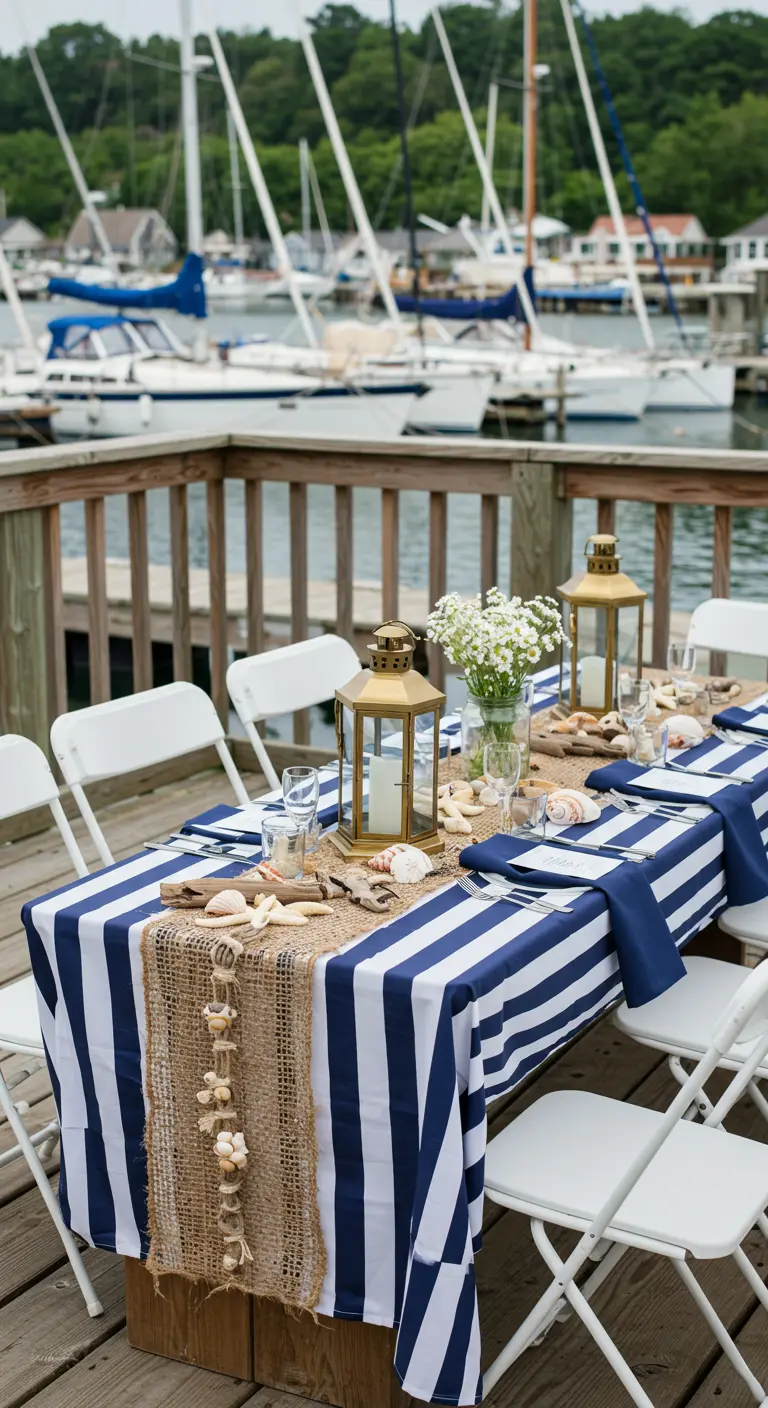 Mesa con decoración náutica en un muelle, con mantel a rayas y faroles de latón.