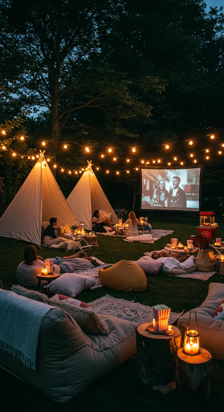Cine al aire libre en un jardín por la noche, con proyector, cojines y luces.