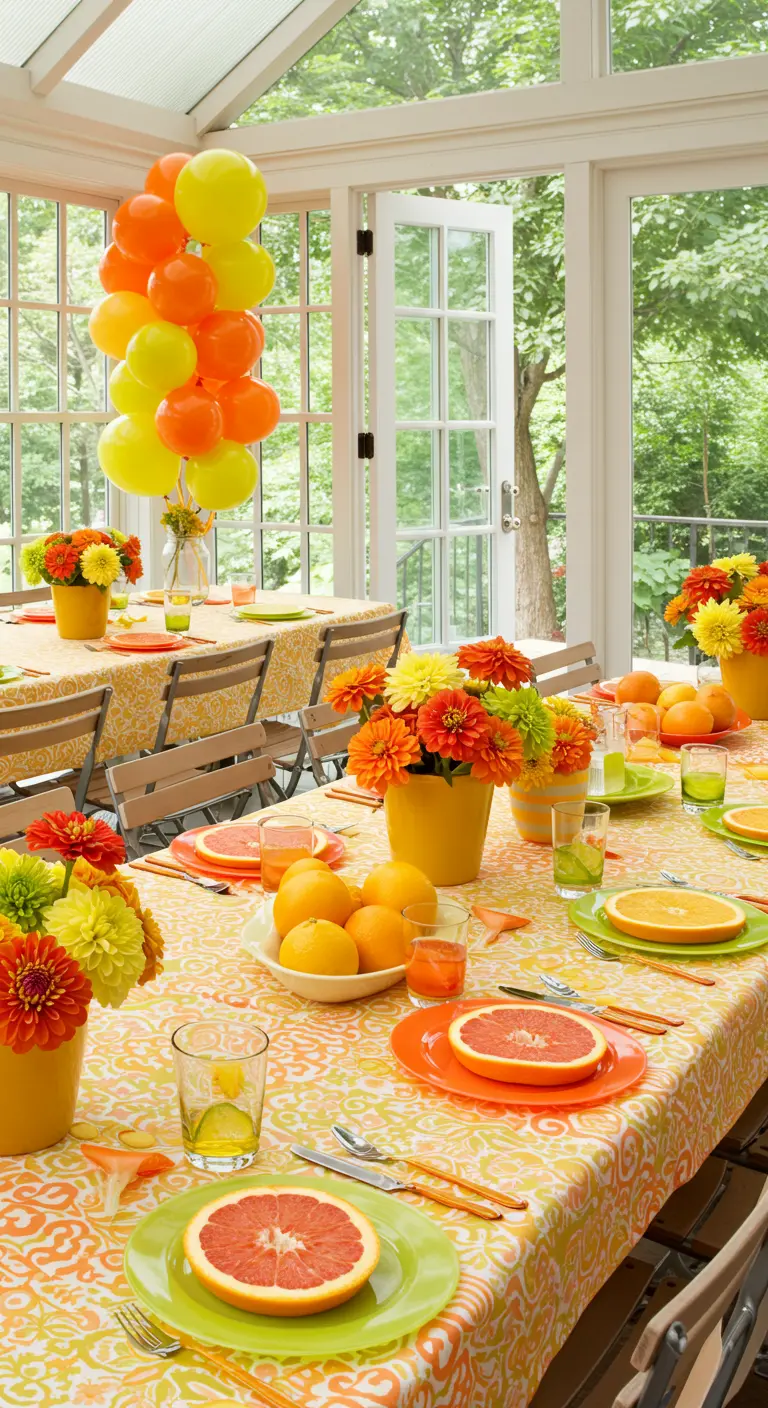 Mesa de fiesta en un porche decorada con una paleta de colores cítricos: naranja, amarillo y verde.