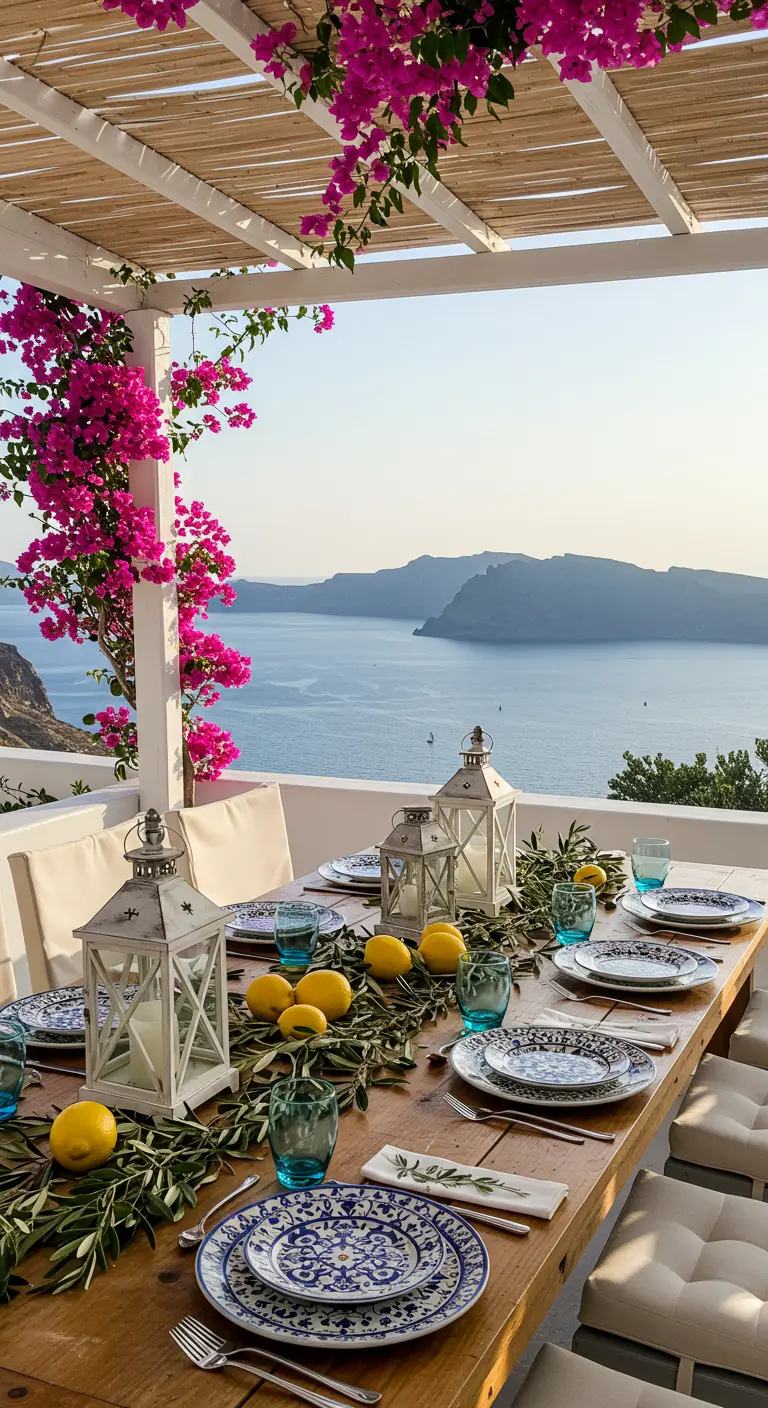 Mesa con vistas al mar decorada con vajilla azul y blanca, limones y ramas de olivo.