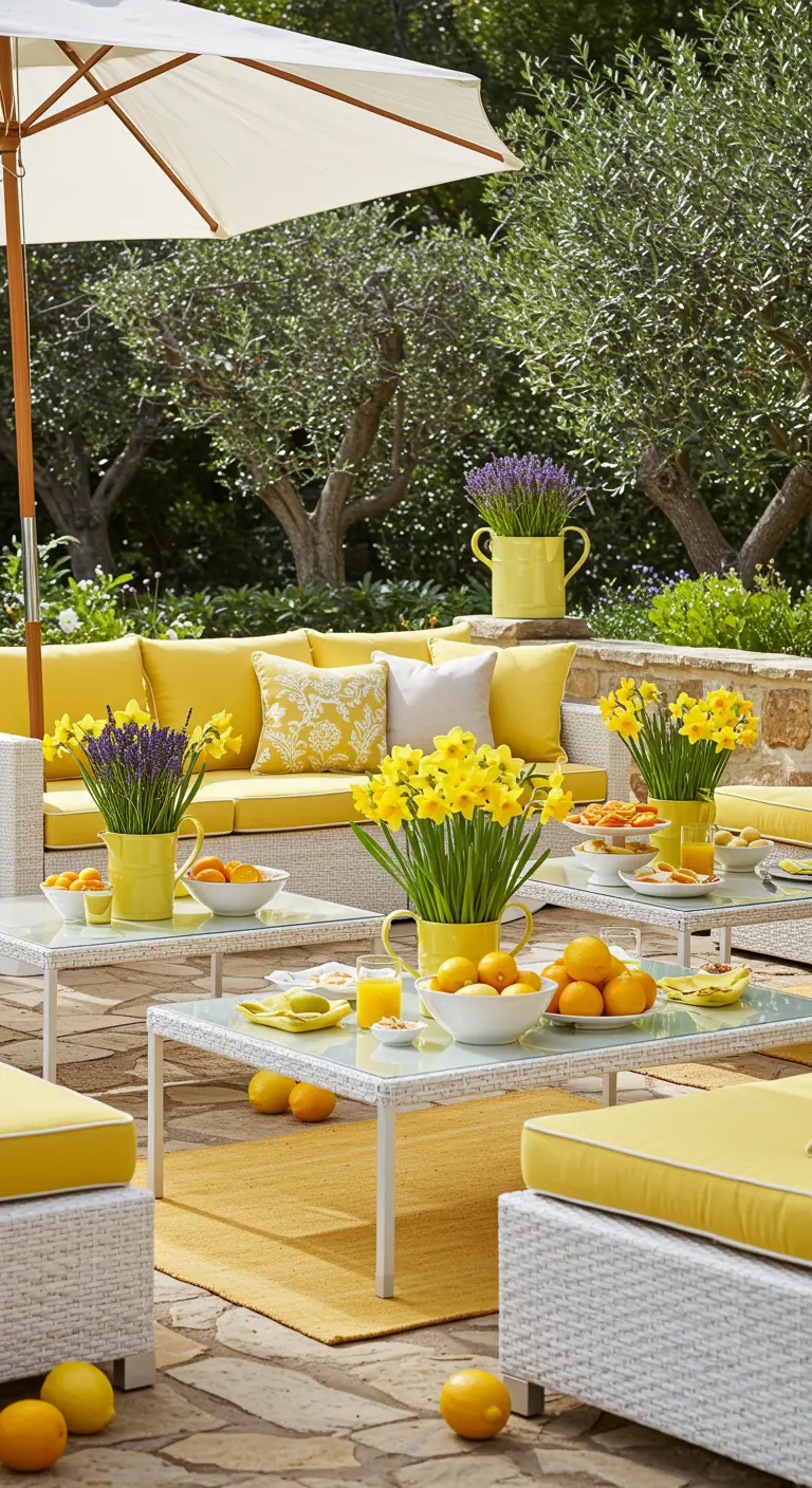 Terraza veraniega decorada en tonos amarillos con sofás blancos y flores frescas.
