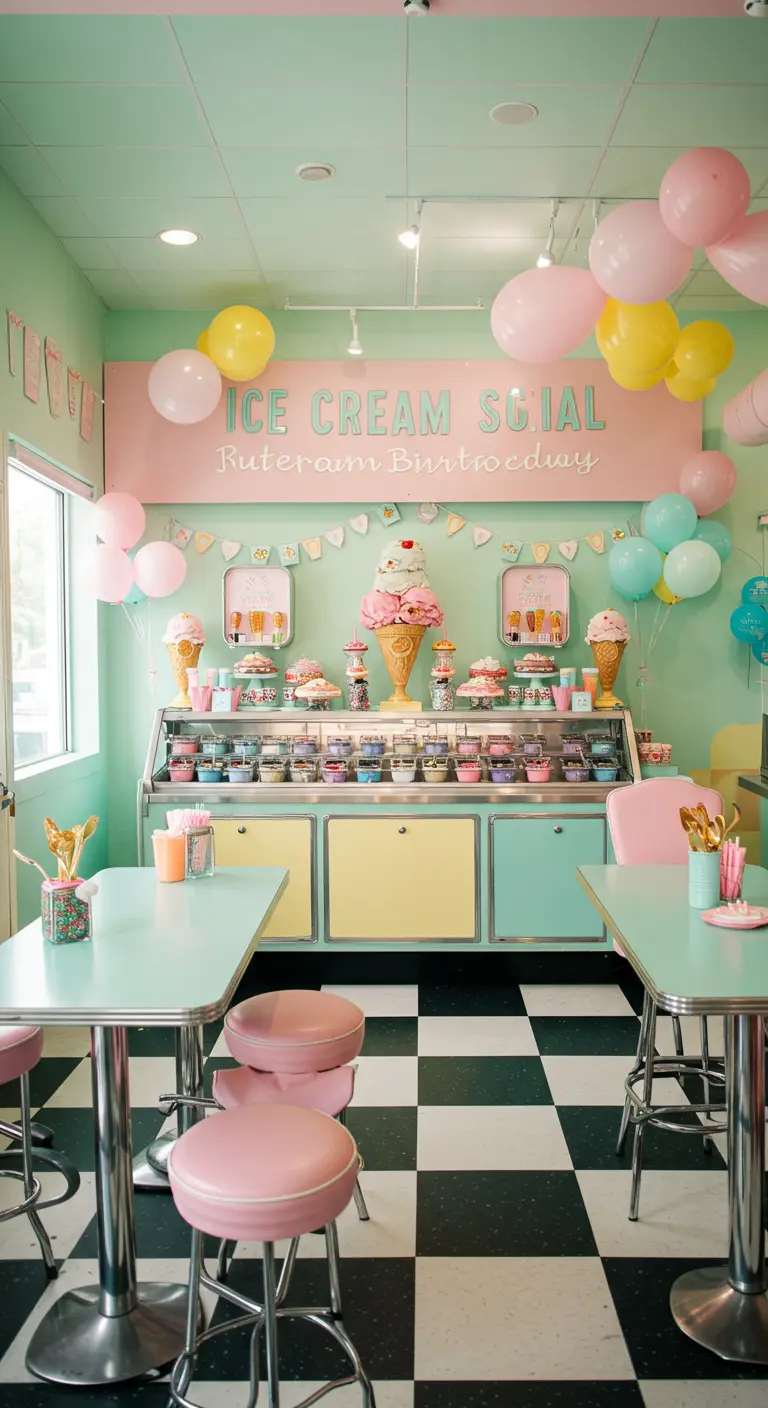 Interior de una heladería de estilo vintage con decoración en tonos pastel y suelo de damero.