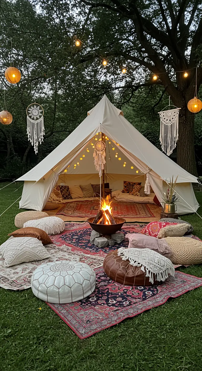 Campamento bohemio en el jardín con una tienda de lona, fogata y atrapasueños.