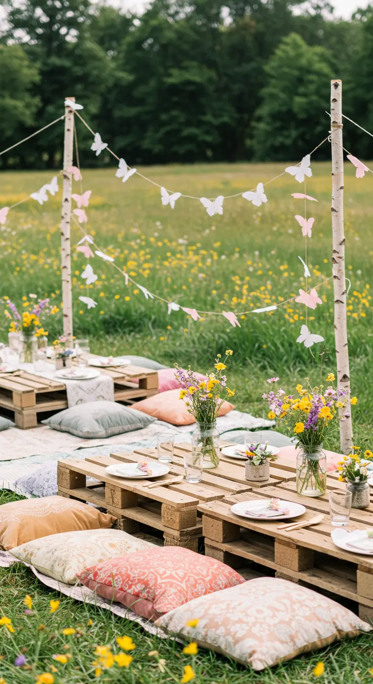 Picnic en el campo con mesas bajas de palets, cojines y una guirnalda de mariposas.