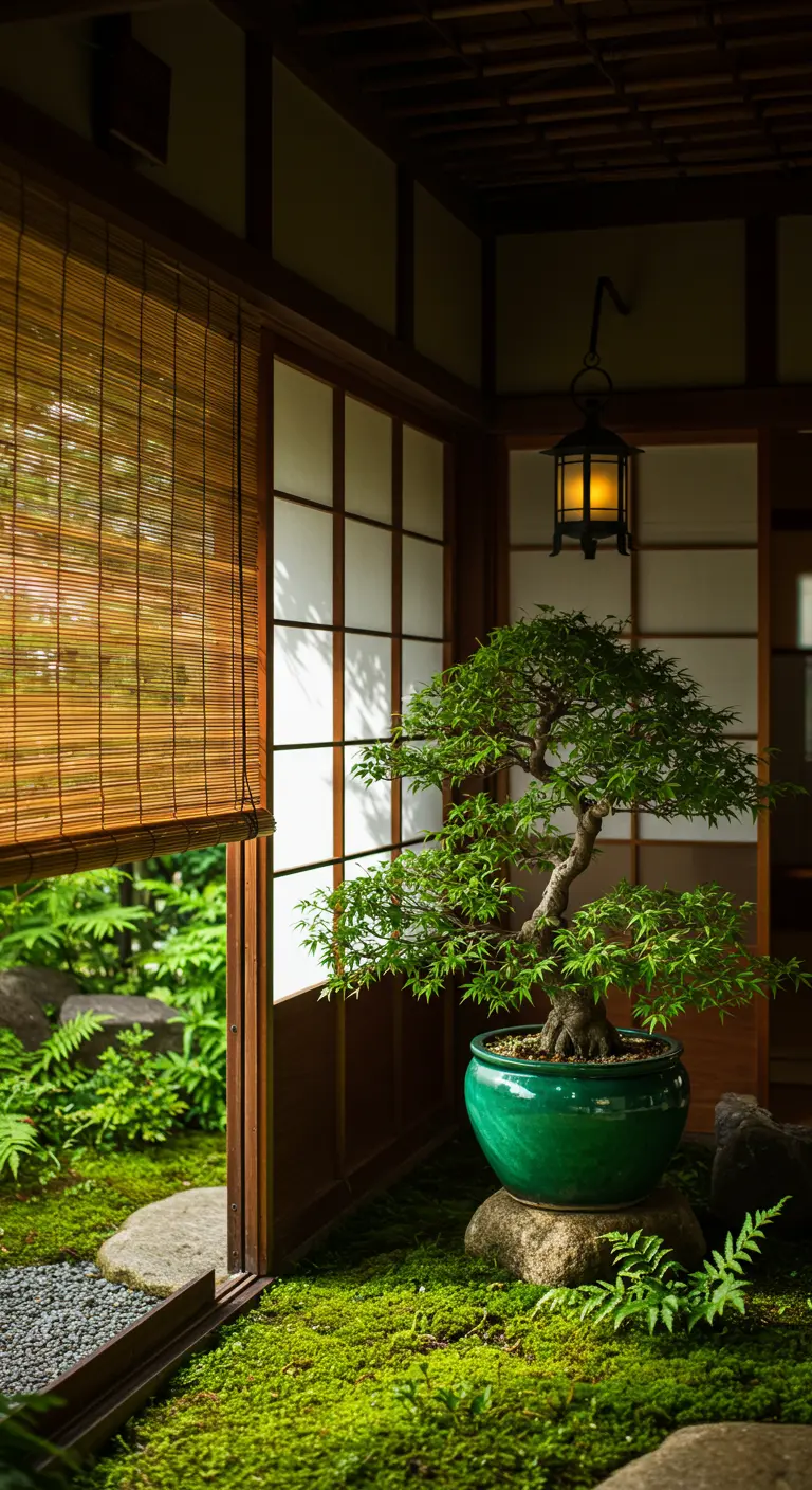 Bonsái de arce en maceta verde brillante sobre un lecho de musgo en un porche con persiana de bambú.