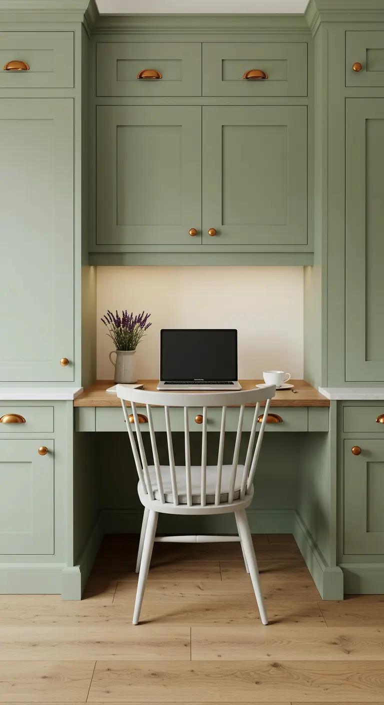 Rincón de trabajo integrado con armarios de color verde salvia y tiradores dorados