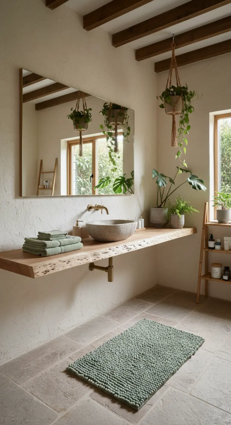 Baño rústico con encimera de madera natural, plantas colgantes y textiles en verde salvia.