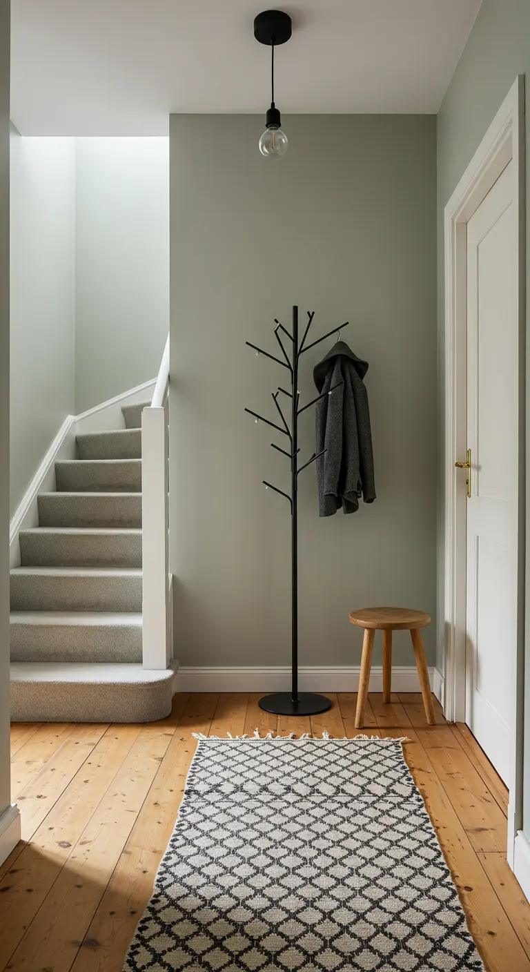 Entrada pintada en verde salvia con un perchero negro en forma de árbol y un taburete de madera.