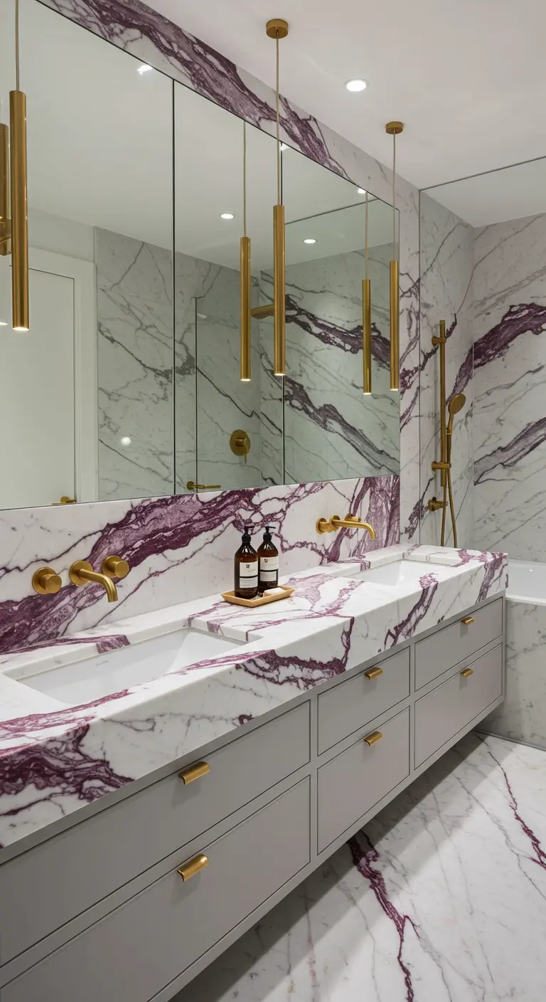 Baño de lujo con mármol blanco de vetas púrpuras intensas y grifería dorada.